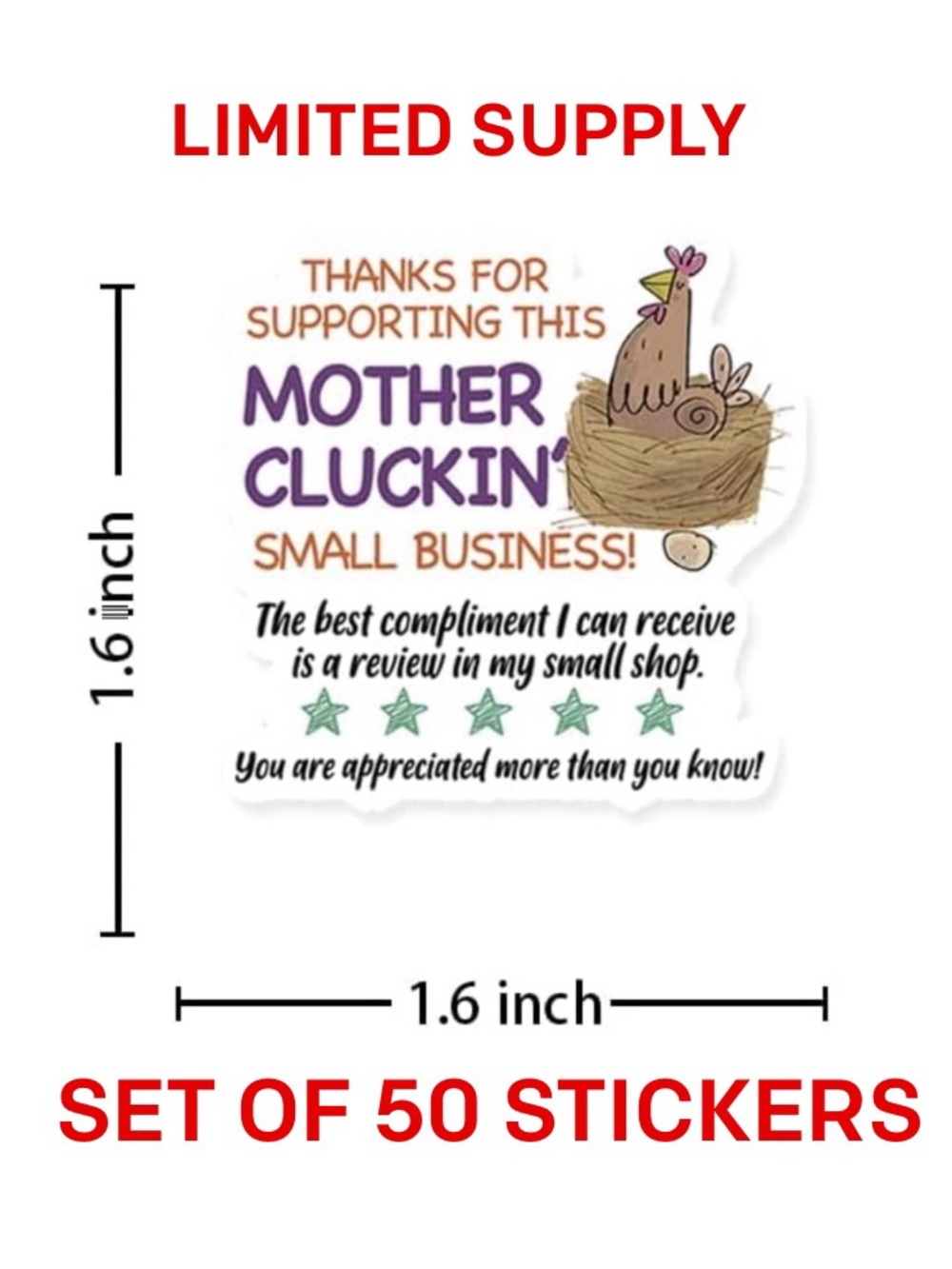 Set of 50 "Cluckin' Small Business" Thank You Stickers - Multicolor